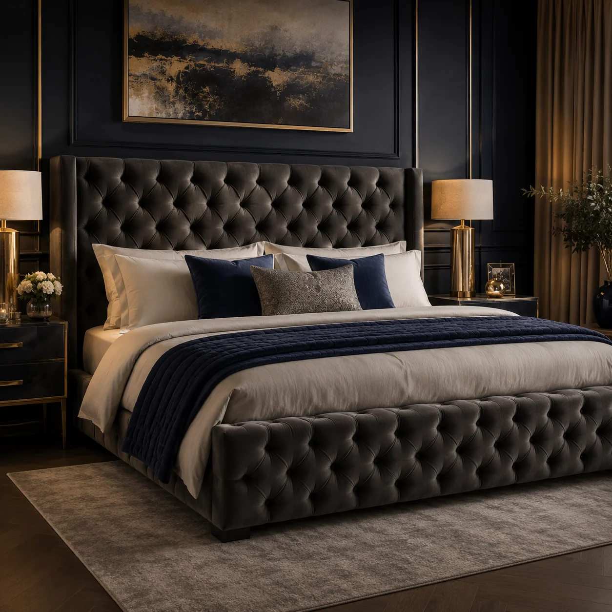 Chesterfield upholstered bed with deep-buttoned detailing