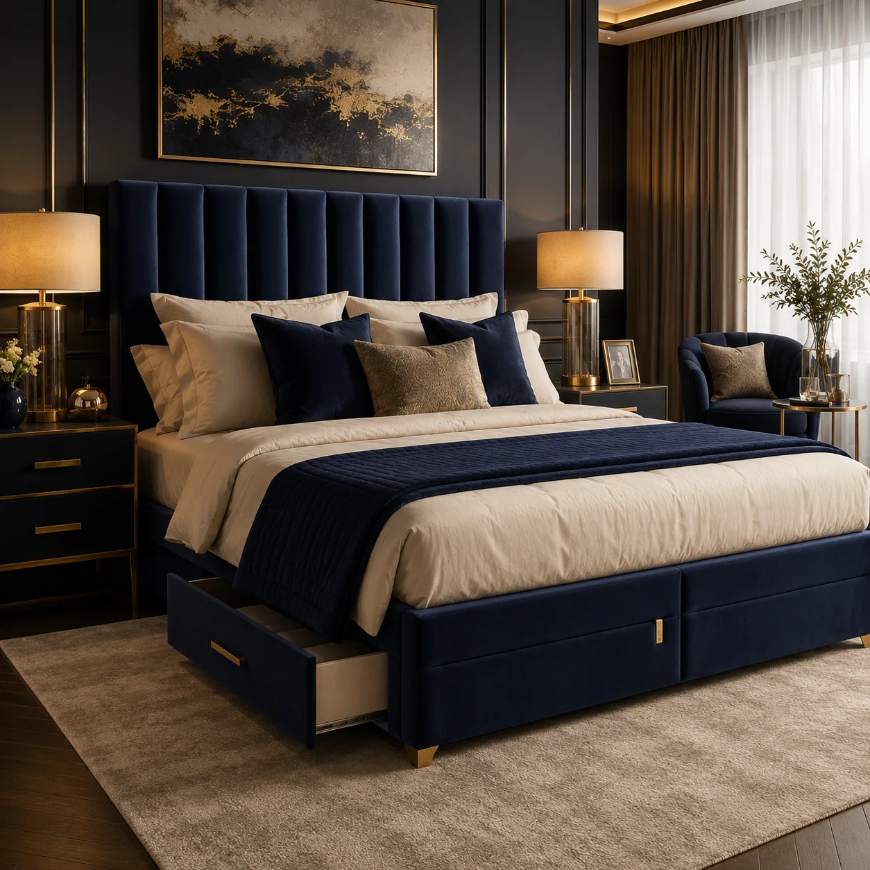 Statement upholstered bed in a sophisticated bedroom interior