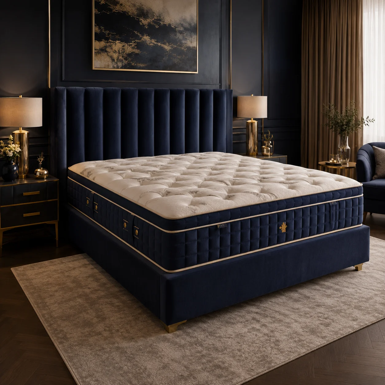 Premium mattress arranged on an upholstered bed